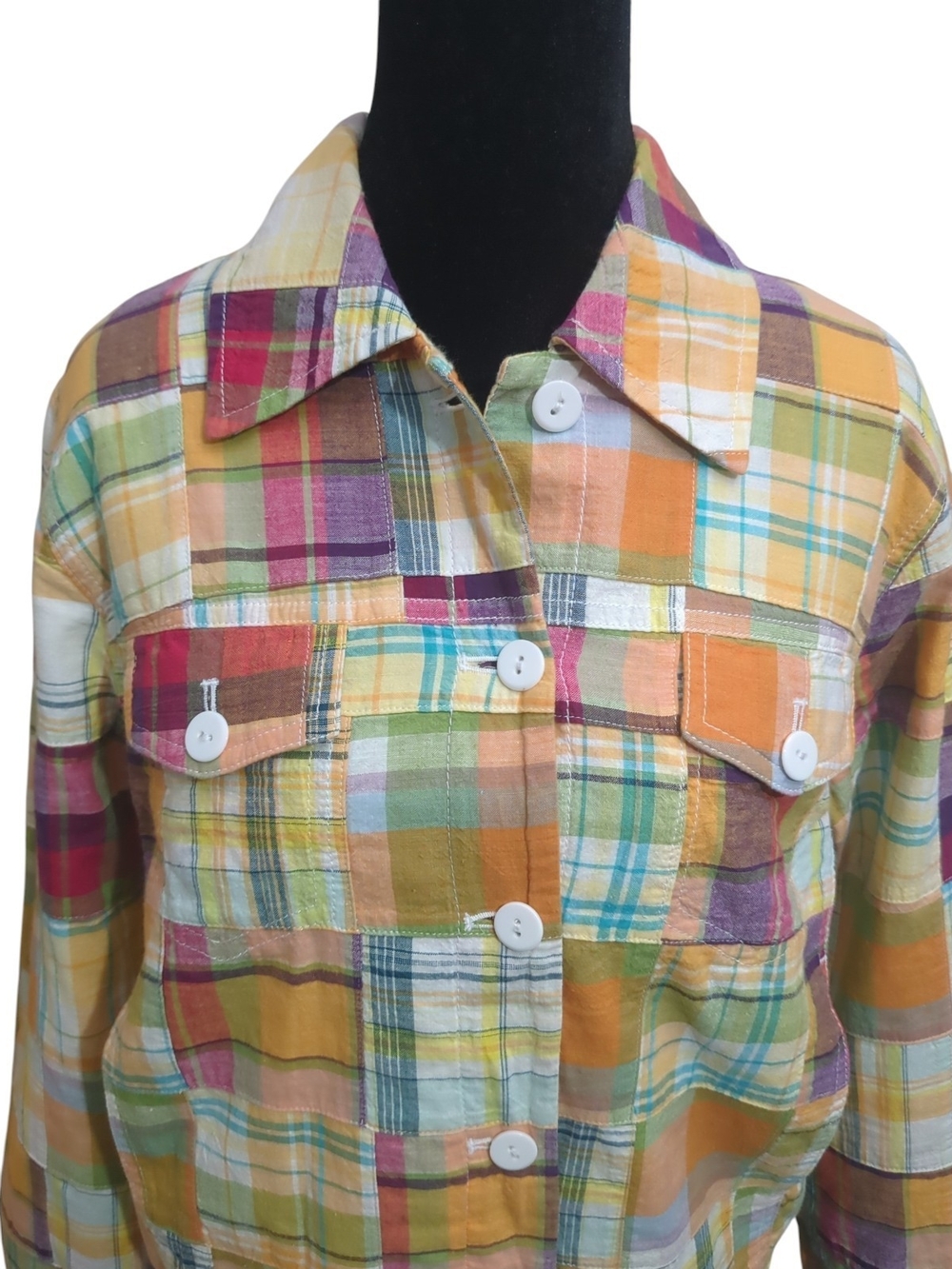 Vtg Pendleton Med Y2K Cotton Madras Plaid Patchwork Utility Cropped Jacket Boho - Picture 2 of 9
